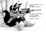  aiming animal_ears bangs batta_(kanzume_quality) blunt_bangs boots bush camouflage_jacket ears_through_headwear elbows_on_knees fox_ears fox_tail gloves greyscale gun hat holding holding_gun holding_weapon hunting jacket legs_apart long_sleeves monochrome original outdoors ponytail rifle scope sitting sniper_rifle solo tail translation_request tree weapon 