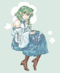  boots brown_footwear cross-laced_footwear detached_sleeves frog_hair_ornament green_eyes green_hair hair_ornament high_heel_boots high_heels kochiya_sanae kyuubiness lace-up_boots nontraditional_miko skirt smile snake touhou 