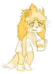  2018 animal_crossing anthro beverage breasts canine cleavage clothed clothing coffee coffee_mug dog female fur half-closed_eyes isabelle_(animal_crossing) mammal nintendo poisondynamite pose shih_tzu simple_background sleeveless_shirt solo standing tired video_games white_background yellow_fur 
