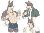  abs candy canid canine canis chung0u0 clothing dessert doberman domestic_dog eyewear food ice_cream jewelry lollipop male mammal muscular muscular_male necklace nipples pecs shorts sunglasses swimsuit tailwag tokyo_afterschool_summoners video_games xolotl 