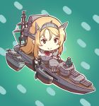  blonde_hair blue_background blush_stickers cannon chibi commentary edwin_(cyberdark_impacts) eyebrows_visible_through_hair hair_ornament kantai_collection mast military military_vehicle nelson_(kantai_collection) non-human_admiral_(kantai_collection) rigging ship tidehunter turret warship watercraft 