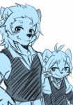  2016 age_difference anthro black_nose blush child clothed clothing cub duo eyebrows_visible_through_hair father father_and_son feline fully_clothed fur hair hand_on_hip inner_ear_fluff larger_male lion looking_at_another looking_at_viewer male mammal older_male pants parent restricted_palette saku1saya shirt simple_background size_difference smaller_male smile son vest whiskers white_background young younger_male 