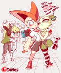  2018 angry blue_eyes blush breasts camel_toe celebi cleavage clothed clothing dialogue diives english_text female freckles group humanoid legendary_pok&eacute;mon legwear meloetta nintendo nintendo_switch not_furry patreon pok&eacute;mon pok&eacute;mon_(species) signature striped_legwear stripes sweat text victini video_games 