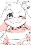  &lt;3 2016 anthro asriel_dreemurr black_and_white blush caprine child clothed clothing cub english_text floppy_ears goat head_tuft looking_at_viewer male mammal monochrome one_eye_closed saku1saya shirt simple_background smile solo text undertale video_games white_background wink young 