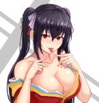  azur_lane bangs bare_shoulders black_hair blush breasts cleavage collarbone drooling eyebrows_visible_through_hair hair_between_eyes hair_ribbon japanese_clothes kimono large_breasts long_hair looking_at_viewer moppo red_eyes red_kimono ribbon saliva solo taihou_(azur_lane) tongue tongue_out twintails upper_body 