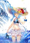  2016 ;) artist_name bangs bare_arms bare_shoulders bikini black_bikini blue_hair blush braid collarbone commentary cowboy_shot day dress english_commentary eyebrows_visible_through_hair fang_out fish_hair_ornament flat_chest flower frills hair_ornament halterneck hat hat_flower hibiscus hieihirai holding lace lens_flare long_hair looking_at_viewer navel one_eye_closed original outdoors plant sandals saska_(hieihirai) scrunchie see-through smile solo standing straw_hat sun_hat swimsuit twin_braids wading water water_drop white_dress wrist_scrunchie yellow_eyes 
