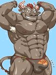  41raco abs black_fur body_hair bounce bovine bulge clothing flexing fur grin gyumao hair horn male mammal muscular muscular_male one_eye_closed pecs red_hair smile speedo sweat swimsuit tokyo_afterschool_summoners tuft vein wink 