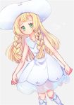  blonde_hair braid closed_mouth commentary_request dress green_eyes hat highres lillie_(pokemon) long_hair pokemon pokemon_(game) pokemon_sm see-through simple_background sleeveless sleeveless_dress smile solo sun_hat twin_braids white_background white_dress white_hat x_xoxo18 