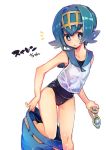 blue_eyes blue_hair commentary_request goggles hairband holding_goggles leg_up one-piece_swimsuit open_mouth pokemon pokemon_(game) pokemon_sm shirt short_hair simple_background sleeveless sleeveless_shirt solo suiren_(pokemon) swimsuit swimsuit_under_clothes trial_captain undressing white_background white_shirt x_xoxo18 