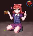  ahoge animal_ears annie_hastur blush burger_king checkered child coffeearty commentary english_commentary fake_animal_ears food green_eyes hairband half-closed_eyes hamburger heart highres kneeling league_of_legends looking_at_viewer medium_hair pleated_skirt puffy_short_sleeves puffy_sleeves red_eyes shoes short_sleeves skirt smile socks solo striped striped_legwear thumbs_up 