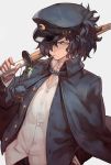  black_cape black_hair black_hat black_jacket bokken buckle cape charm_(object) closed_mouth collar collared_shirt commentary_request crescent_print dog dress_shirt facial_hair fate/grand_order fate_(series) fingernails gakuran glowing glowing_eye grey_background hair_over_one_eye hand_in_pocket hat highres holding holding_sword holding_weapon jacket lack long_sleeves looking_at_viewer male_focus okada_izou_(dog) okada_izou_(fate) open_clothes open_jacket orange_eyes scarf school_uniform shirt solo stubble sword unbuttoned upper_body weapon white_shirt wing_collar wooden_sword 