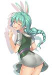  2016 animal_humanoid braided_hair butt clothed clothing female hair humanoid lagomorph mammal one_eye_closed piano_alice pointy_ears rabbit_humanoid shadow shirt skirt smile solo teal_hair v_sign wink 