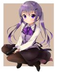  black_legwear black_skirt brown_background eyebrows_visible_through_hair gochuumon_wa_usagi_desu_ka? gun hair_ornament hairclip handgun holding holding_gun holding_weapon long_hair long_sleeves looking_at_viewer pantyhose pistol purple_hair purple_neckwear rabbit_house_uniform ratryu simple_background sitting skirt solo tedeza_rize twintails weapon 