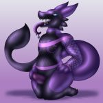  animate_inanimate anthro blue_eyes bottomless clothed clothing collar fishnet kneeling living_inflatable long_tongue looking_up lootz male penis posexe purple_background rubber saliva sergal simple_background solo tongue tongue_out 