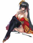  ahoge azur_lane bangs bare_shoulders black_hair blush breasts choker cleavage cocktail_dress collarbone commentary_request dress eyebrows_visible_through_hair finger_to_tongue gond grey_eyes hair_between_eyes hair_ornament highres huge_breasts japanese_clothes kimono knees_up long_hair looking_at_viewer obi off-shoulder_dress off_shoulder red_choker red_dress red_kimono red_ribbon ribbon sash short_kimono sitting slippers solo taihou_(azur_lane) thighhighs tongue tongue_out twintails very_long_hair wide_sleeves 
