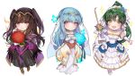  bodysuit bracelet bridal_gauntlets bridal_veil bride cape chibi circlet dress fire_emblem fire_emblem:_kakusei fire_emblem:_rekka_no_ken fire_emblem_heroes flower green_eyes green_hair high_ponytail jewelry long_hair looking_at_viewer lyndis_(fire_emblem) mamkute ninian pelvic_curtain ponytail smile tharja tiara two_side_up veil wedding wedding_dress white_background zuizi 