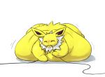  2018 ambiguous_gender belly big_belly blush eeveelution electricity feral hyper hyper_belly jolteon lying morbidly_obese nintendo obese on_front overweight pok&eacute;mon pok&eacute;mon_(species) simple_background solo veiukket video_games white_background wire 
