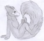  anthro biped black_fur canine changed_(video_game) fluffy fur goo_creature huge_tail human macro male mammal mask micro monster nude puro_(changed) redboi rubber simple_background sitting white_background wolf 