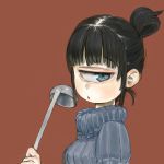  black_hair blue_eyes blue_sweater commentary_request cyclops ebimomo eyebrows_visible_through_hair hair_bun hand_up ladle looking_at_viewer one-eyed original parted_lips red_background ribbed_sweater simple_background solo sweater upper_body 
