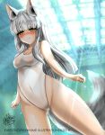  absurdres animal_ears blush breasts brown_eyes casual_one-piece_swimsuit clenched_hands commentary_request covered_navel groin highleg highleg_swimsuit highres kaedeno_yuu long_hair one-piece_swimsuit original silver_hair solo swimsuit tail white_swimsuit wolf_ears wolf_tail 