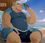  2018 anthro beach belly boar eyewear gouryou humanoid_hands male mammal mohawk overweight overweight_male porcine seaside sitting solo sunglasses tokyo_afterschool_summoners train5 tusks water wetsuit 