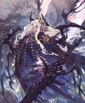  1girl :d artist_request carapace claws cloak cygames feathered_wings gold_trim hair_ornament holding holding_sword holding_weapon horns huge_weapon leg_lift long_hair looking_at_viewer official_art open_mouth purple_eyes shadowverse smile sword very_long_hair weapon white_hair wings zebet_lady_of_the_flies 