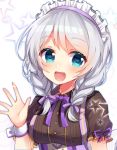  1girl :d bang_dream! bangs black_shirt blue_eyes blush braid frilled_sleeves frills hair_ribbon long_hair looking_at_viewer maid_headdress nameneko_(124) open_mouth purple_neckwear purple_ribbon ribbon shirt short_sleeves smile solo star twin_braids underbust upper_body wakamiya_eve waving white_hair wrist_cuffs 