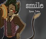  2016 anthro black_nose blush character_name cheek_tuft chest_tuft clothed clothing english_text feline fully_clothed fur green_hair grey_background grey_fur hair hand_on_hip hat holding_object inner_ear_fluff lion looking_aside male mammal midriff multicolored_fur neck_tuft outline pants pose pubes saku1saya shirt simple_background sleeveless smile solo tail_tuft text tuft two_tone_fur white_fur yellow_eyes zyuutobu_(saku1saya) 