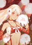  altera_(fate) altera_the_santa animal bare_shoulders choker collarbone commentary_request culi_shao dark_skin detached_sleeves earmuffs fate/grand_order fate_(series) gloves headdress holding holding_animal looking_at_viewer midriff multicolored multicolored_background navel parted_lips red_eyes sheep short_hair smile solo stomach tan tattoo upper_body veil white_hair 