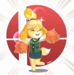  animal_ears bell blonde_hair blush blush_stickers breasts dog dog_ears dog_girl dog_tail doubutsu_no_mori furry hair_ornament highres open_mouth sarukaiwolf shizue_(doubutsu_no_mori) skirt smile solo super_smash_bros. super_smash_bros._ultimate tail topknot 