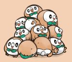  brown_background commentary_request fukurou_(owl222) gen_7_pokemon looking_at_viewer no_humans pile pokemon pokemon_(creature) rowlet simple_background 
