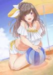  :d ball bangs bare_shoulders beach beach_umbrella beachball bikini blue_sky blush bow breasts brown_hair commentary_request crop_top day frills hair_bow half_updo halterneck highres holding_beachball idolmaster idolmaster_shiny_colors large_breasts leaning_forward long_hair looking_at_viewer ocean off_shoulder open_mouth outdoors pekoni_(peconi) ponytail purple_eyes ribbon sand side-tie_bikini sitting sky smile solo swept_bangs swimsuit tsukioka_kogane umbrella yellow_bikini 