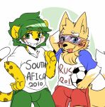  2016 anthro ball biped blue_background blue_eyes blush brown_fur bulge canine cheek_tuft cheetah chest_tuft clothed clothing dipstick_tail duo english_text eyebrows_visible_through_hair eyewear feline fifa fluffy fully_clothed fur fur_markings gloves_(marking) goggles green_eyes green_hair grin hair hand_on_hip head_tuft holding_ball holding_object inner_ear_fluff looking_at_viewer male mammal markings mascot multicolored_fur multicolored_tail outline pose russia saku1saya shirt shorts simple_background smile soccer soccer_ball south_africa sport spots standing tan_fur teeth text tongue tongue_out tuft two_tone_background two_tone_fur white_background white_fur wolf yellow_fur zabivaka zakumi 