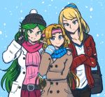  3girls akairiot aqua_eyes bag bangs beanie belt black_bag blonde_hair blue_background blue_eyes blue_scarf breasts christmas coat collarbone crossed_arms dress fingerless_gloves gloves goddess green_eyes green_hair hat highres jacket kid_icarus kid_icarus_uprising large_breasts long_hair long_sleeves looking_at_viewer mole mole_under_mouth multiple_girls nintendo open_clothes open_coat open_jacket palutena parted_lips pink_scarf pointy_ears ponytail princess_zelda red_jacket samus_aran scarf simple_background smile snowing super_smash_bros. super_smash_bros._ultimate sweater swept_bangs the_legend_of_zelda the_legend_of_zelda:_a_link_between_worlds tiara v very_long_hair white_background white_coat winter_clothes 