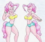  2018 absurd_res anthro anthrofied big_breasts breasts cleavage clothed clothing earth_pony equine female flicker-show friendship_is_magic hi_res horse huge_breasts mammal my_little_pony nipple_bulge pinkie_pie_(mlp) pony pose shorts solo stretching 