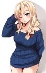  arm_up bangs bare_shoulders black_bow blonde_hair blue_eyes blue_sweater blush bow braid breasts collarbone commentary_request cowboy_shot eyebrows_visible_through_hair hair_between_eyes hair_bow high_school_fleet highres kapatarou large_breasts long_hair long_sleeves md5_mismatch off-shoulder_sweater one_eye_closed parted_lips ribbed_sweater shadow sidelocks single_braid solo sweater white_background wilhelmina_braunschweig_ingenohl_friedeburg 
