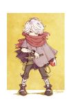  bracelet chibi cloak fringe_trim gloves hair_over_one_eye jewelry knife male_focus octopath_traveler scarf short_hair shoutank14 simple_background smile solo therion_(octopath_traveler) weapon white_hair 
