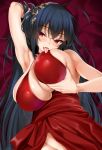  ahoge alternate_costume arm_behind_head armpits azur_lane bangs bare_shoulders black_hair blush breast_licking breast_lift breast_sucking breasts choker cleavage cocktail_dress collarbone covered_nipples dress eyebrows_visible_through_hair eyes_visible_through_hair groin hair_between_eyes hair_ornament highres huge_breasts kure_masahiro licking long_hair looking_at_viewer lying no_panties on_back open_mouth red_choker red_dress red_eyes saliva self_breast_sucking sidelocks skindentation smile solo taihou_(azur_lane) tsurime twintails unaligned_breasts upper_body very_long_hair 