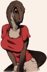  anthro big_breasts breasts brown_scales clothing dinosaur female hi_res leaning leaning_forward lu pants presenting scales shirt sketch smile solo standing sturaptor teeth theropod utahraptor 