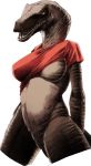  anthro breasts brown_scales clothing dinosaur female hands_behind_back hi_res lu one_breast_out open_mouth penis poking_out presenting pussy scales shirt sketch smile solo standing sturaptor teeth theropod utahraptor 