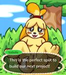  2018 animal_crossing anthro anus blush breasts butt canine digital_media_(artwork) dog female fur hair isabelle_(animal_crossing) looking_at_viewer lying mammal nintendo nipples nude nulloffset on_back open_mouth outside presenting presenting_anus presenting_hindquarters presenting_pussy pussy shih_tzu sky smile solo spread_legs spreading text tongue tree video_games yellow_fur 
