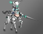  1girl centaur cyborg female full_body groin highres lance mask monster_girl muhut navel original polearm signature solo weapon 