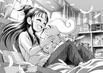  :d ^_^ bed bed_frame bed_sheet blue_eyes book bookshelf choppy closed_eyes commentary_request creature curtains cushion desk_lamp feathers futari_wa_precure_splash_star greyscale hair_bun holding indoors lamp long_hair long_sleeves mishou_mai monochrome nakajima_majikana neck_ribbon on_bed open_mouth pants pillow precure ribbon shirt sidelocks sitting smile stereo striped whistle window 