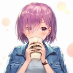 blush cup denim denim_jacket drinking earrings eyebrows_visible_through_hair eyes_visible_through_hair fate/grand_order fate_(series) hair_over_one_eye haru_(hiyori-kohal) jacket jewelry looking_at_viewer mash_kyrielight open_clothes open_jacket pink_eyes pink_hair shirt_under_jacket short_hair solo starbucks upper_body watch white_background 