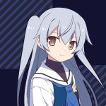  :3 bangs blue_neckwear blue_vest brown_eyes closed_mouth commentary_request diagonal-striped_background diagonal_stripes eyebrows_visible_through_hair grisaia_(series) grisaia_phantom_trigger hair_between_eyes head_tilt highres jiang-ge long_hair looking_at_viewer neckerchief sailor_collar school_uniform serafuku shirt shishigaya_touka sidelocks silver_hair solo star striped striped_background two_side_up very_long_hair vest white_sailor_collar white_shirt 