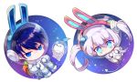  1girl animal_ears astronaut_helmet blue_hair bunny_ears chibi chilling_hedgehog_(elsword) ciel_(elsword) demon_girl demon_horns demon_tail earrings elsword highres horns jewelry luciela_r._sourcream mellchi spacesuit star star-shaped_pupils symbol-shaped_pupils tail twintails white_hair 