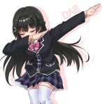  black_hair black_jacket blazer braid closed_eyes collared_shirt dab_(dance) french_braid hair_ornament hairclip jacket long_hair nijisanji pink_neckwear plaid plaid_skirt shirt skirt solo thighhighs tsukino_mito virtual_youtuber white_legwear youkan 