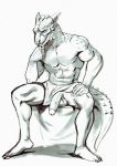  abs anthro argonian balls biceps claws clothing damie_m facial_piercing flaccid horn looking_at_viewer male mostly_nude muscular muscular_male nose_piercing nose_ring pecs penis piercing poking_out retracted_foreskin scalie scar sitting sketch smile solo spreading the_elder_scrolls thinker_pose uncut underwear video_games 