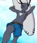  adonis_belt bracelet clothed clothing ear_piercing european_hare eyewear fashion fur hare jewelry lagomorph leaning low-angle_view male mammal muscular muscular_legs necklace piercing pose rabbit sergei shorts smile spiritd sunglasses swimming_trunks swimsuit topless whiskers 