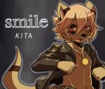  2016 anthro belt blush brown_fur chain character_name cheek_tuft chest_tuft clothed clothing english_text eyebrows_visible_through_hair fur fur_markings grey_background grey_fur hair half-closed_eyes inner_ear_fluff jacket jewelry kita_(saku1saya) looking_aside male mammal markings multicolored_fur mustelid navel necklace open_jacket open_mouth otter outline pants pink_eyes pink_hair pose saku1saya simple_background solo spots text tuft two_tone_fur 